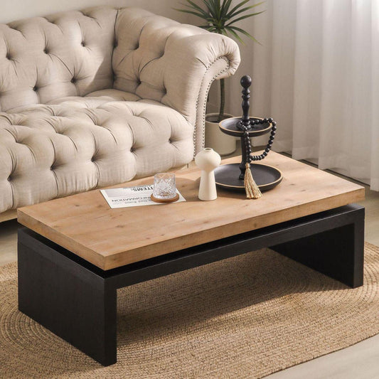 Black and Natural Wood Living Room Table Versatile Coffee Table 2-Tiered Wood Tabletop Table 47.6" L x 23.6" W x 16.3" H