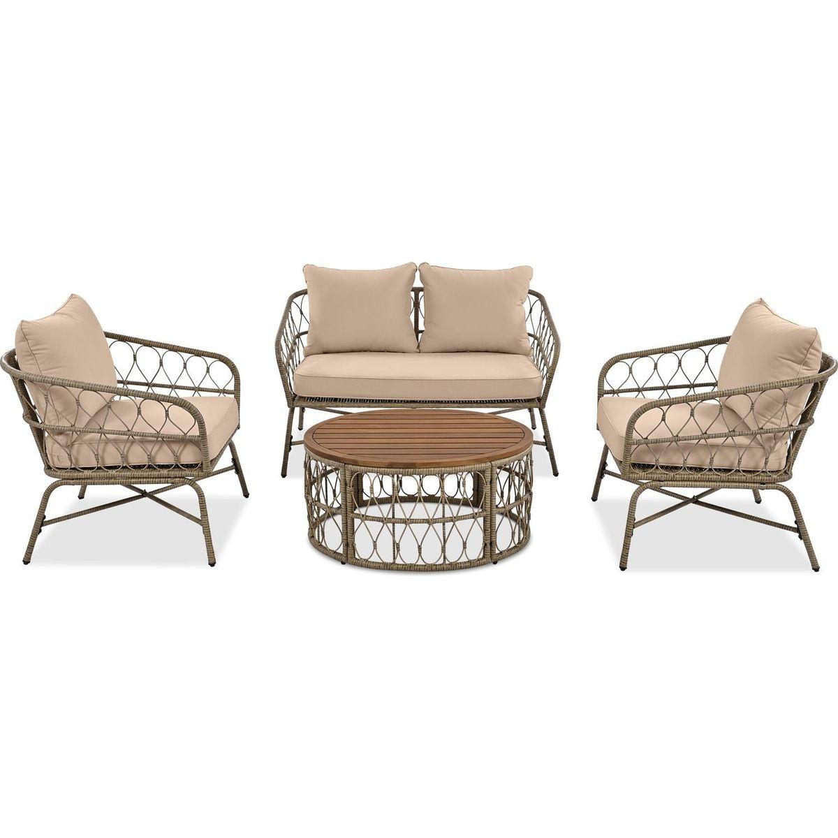GO Bohemia-inspired 4-Person Outdoor Seating Group With Removable Cushions, Conversation Patio Set With Wood Tabletop, Beige