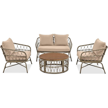 GO Bohemia-inspired 4-Person Outdoor Seating Group With Removable Cushions, Conversation Patio Set With Wood Tabletop, Beige