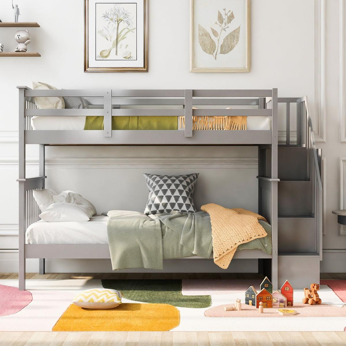 Stairway Twin-Over-Twin Bunk Bed with Storage and Guard Rail for Bedroom, Dorm, Gray color