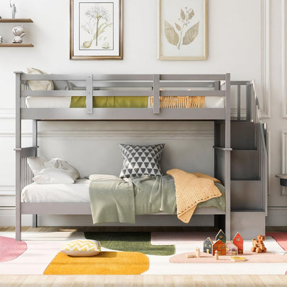 Stairway Twin-Over-Twin Bunk Bed with Storage and Guard Rail for Bedroom, Dorm, Gray color