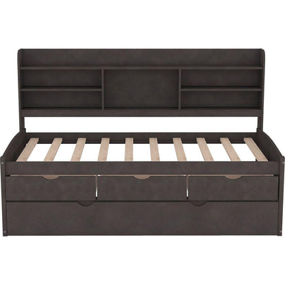 Twin Size Wooden Captain Bed with Built-in Bookshelves,Three Storage Drawers and Trundle,Antique Gray