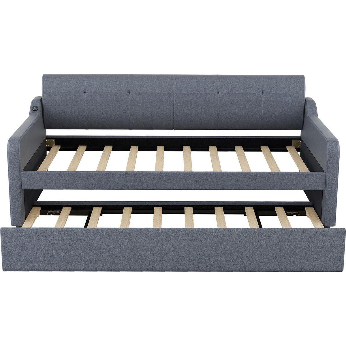 Twin Size Upholstery DayBed with Trundle and USB Charging Design,Trundle can be flat or erected,Gray