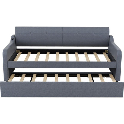 Twin Size Upholstery DayBed with Trundle and USB Charging Design,Trundle can be flat or erected,Gray
