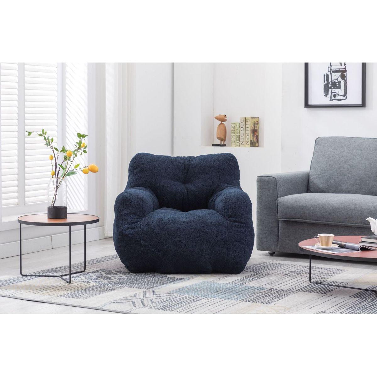 Soft Tufted Foam Bean Bag Chair With Teddy Fabric Dark Blue