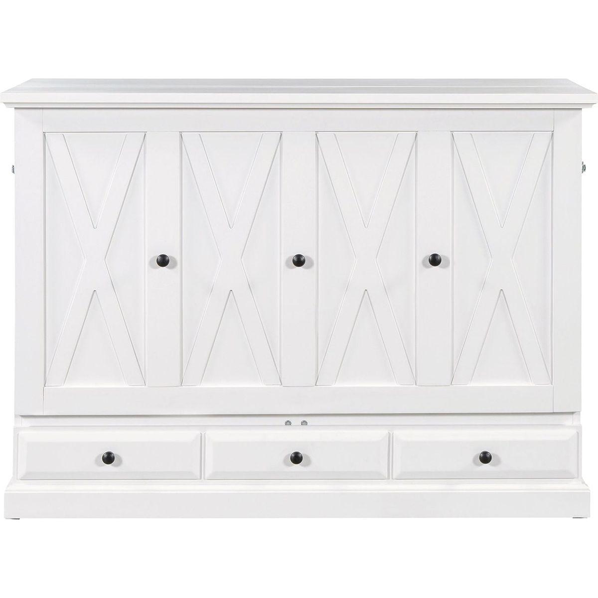 Solid Pine Murphy Bed Chest Cube Cabinet Bed with Charging Station and Large Storage Drawer for Home Office or Small Room,Full,White