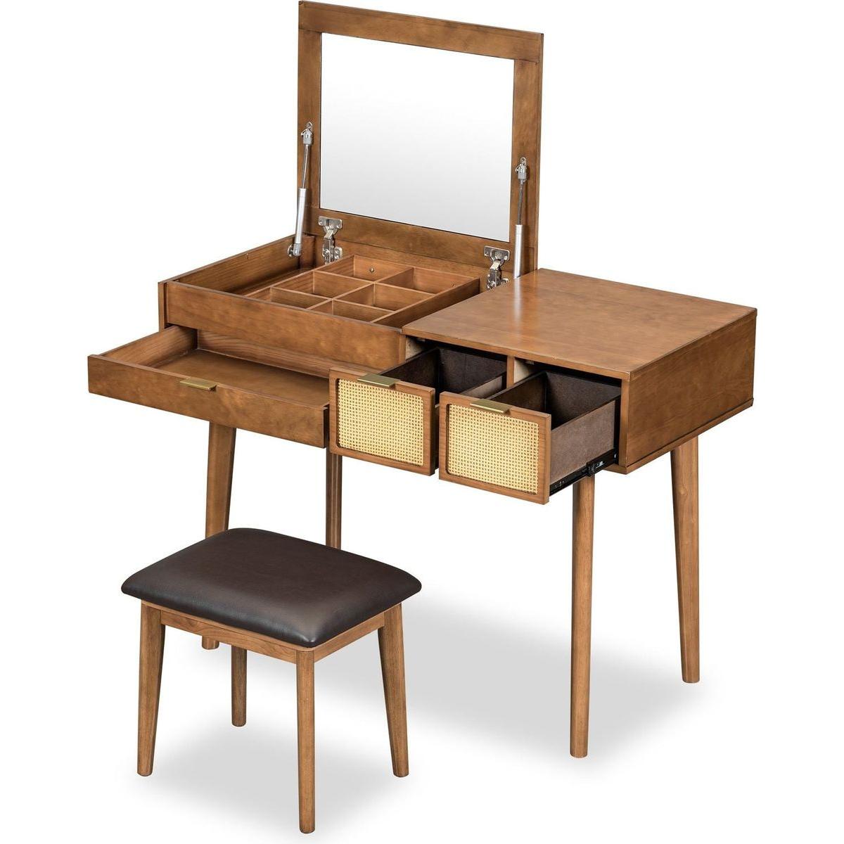 43.3" Classic Wood Makeup Vanity Set with Flip-top Mirror and Stool, Dressing Table with Three Drawers and storage space, Brown