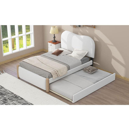 Twin Size Upholstered Platform Bed with Wood Supporting Feet and Twin Size Trundle, White