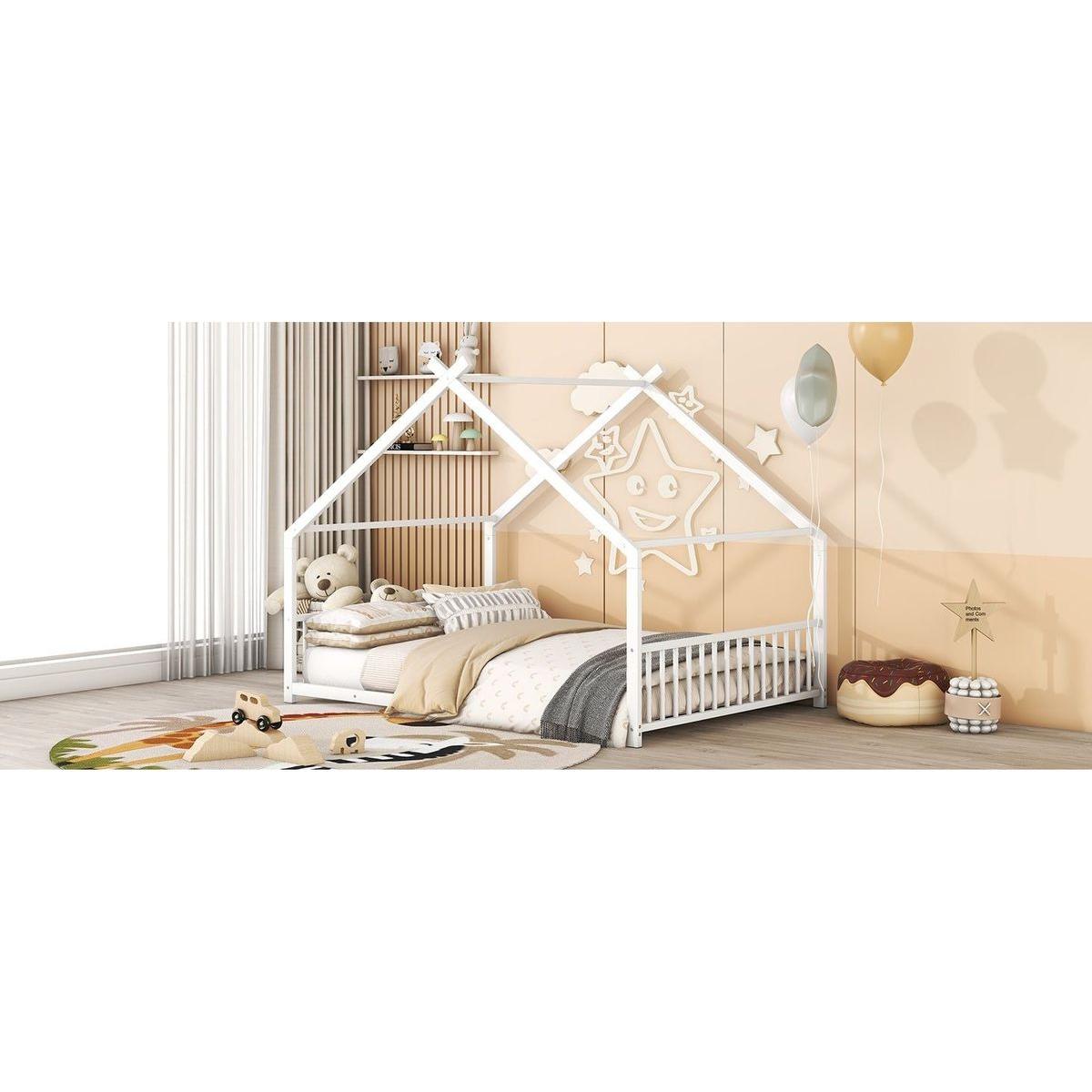 Full Size Metal House Bed, White