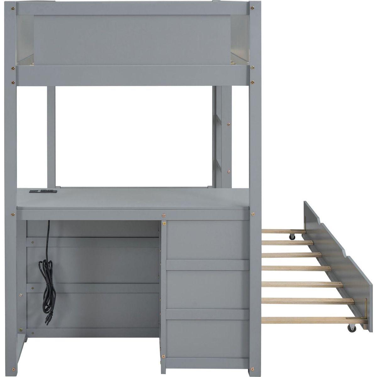 Twin-Over-Twin Bunk Bed with Twin size Trundle, Storage and Desk, Gray