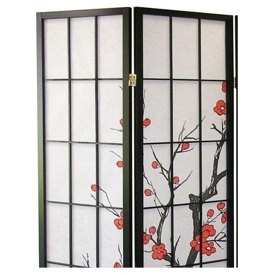 Black Japanese 4-Panel Screen Room Divider, Plum Blossom