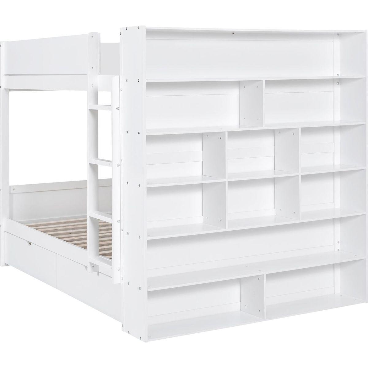 Full over Full Bunk Bed With 2 Drawers and Multi-layer Cabinet, White
