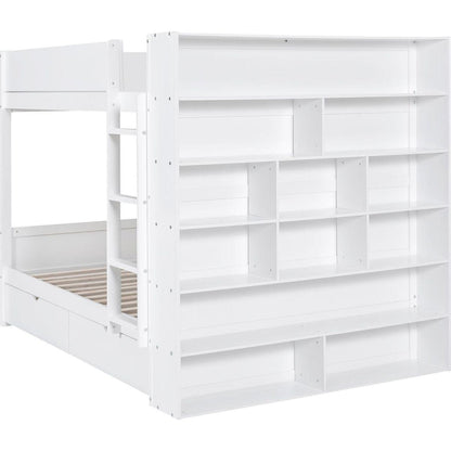 Full over Full Bunk Bed With 2 Drawers and Multi-layer Cabinet, White