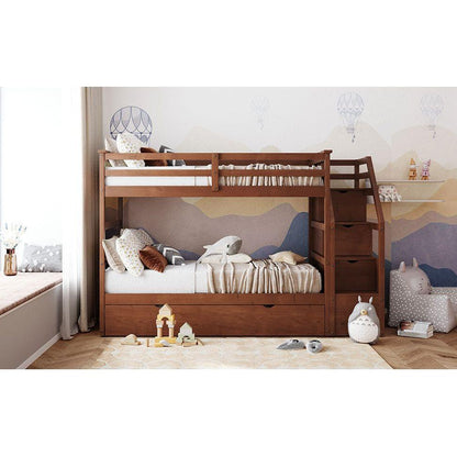 Twin-Over-Twin Bunk Bed with Twin Size Trundle and 3 Storage Stairs,Walnut