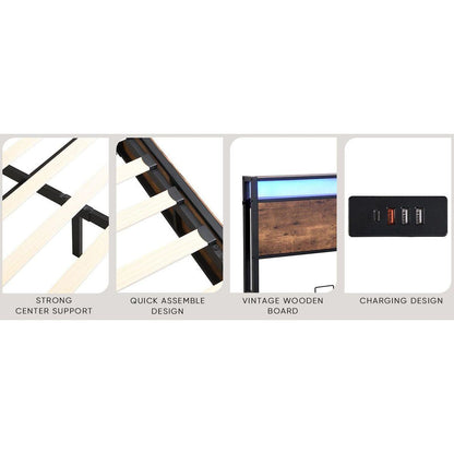 Lift-up Storage Bed Frame, Full Size Bed Frame with Bookcase Headboard & LED Lights, Wooden Platform Bed Frame with Charging Station, No Spring Box Needed, Rustic Brown