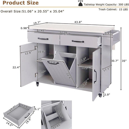 Kitchen Island with Trash Can Storage Cabinet, Kitchen Cart with Drop Leaf, Spice Rack, Towel Rack and Drawer, Rolling Kitchen Island on Wheels with Adjustable Shelf, Grey