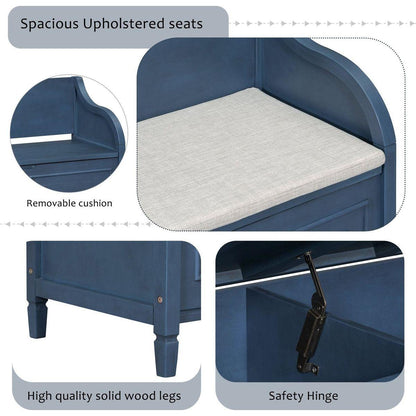 Rustic Style Solid wood Entryway Multifunctional Storage Bench with Safety Hinge (Antique Navy+ Beige)