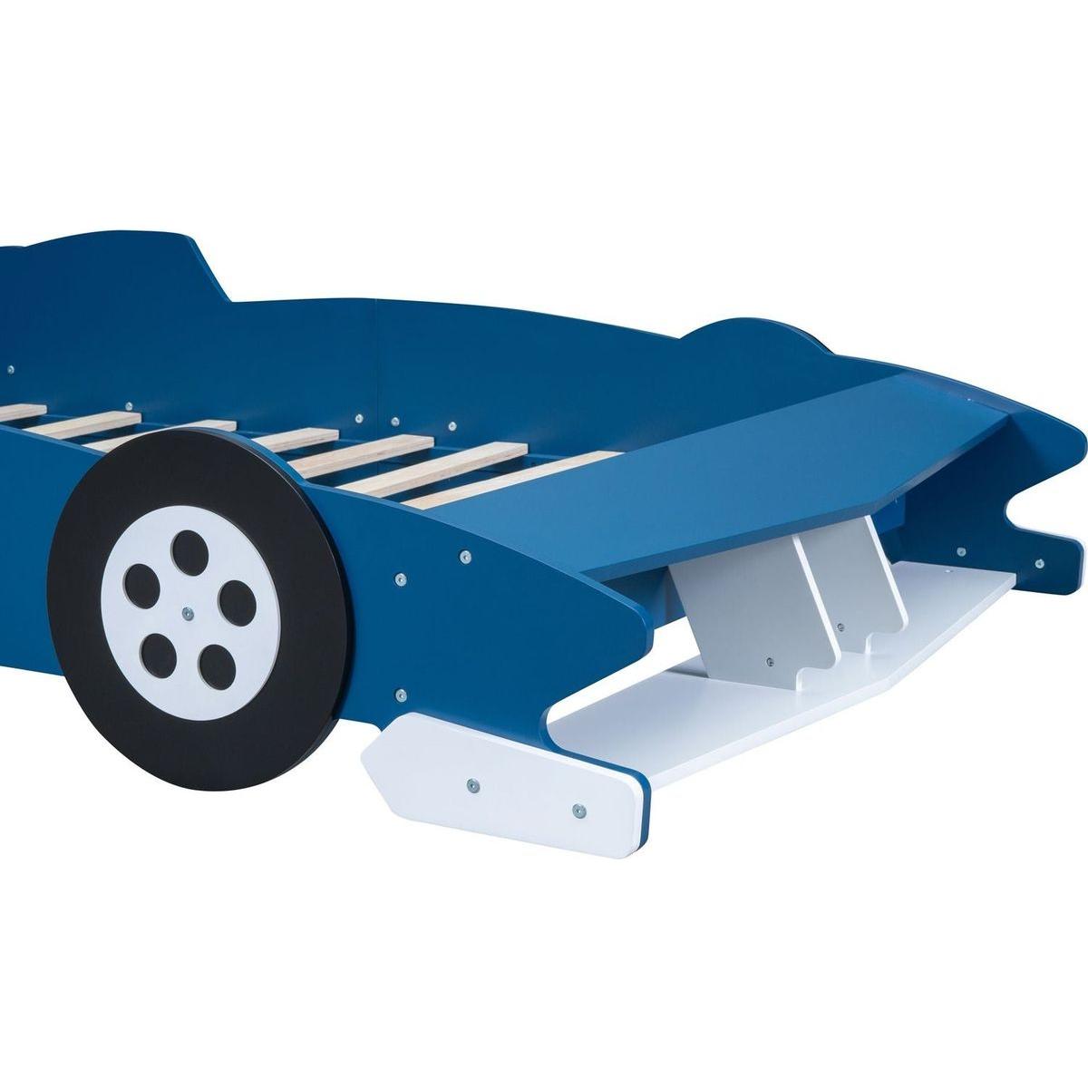 Full Size Race Car-Shaped Platform Bed with Wheels,Blue