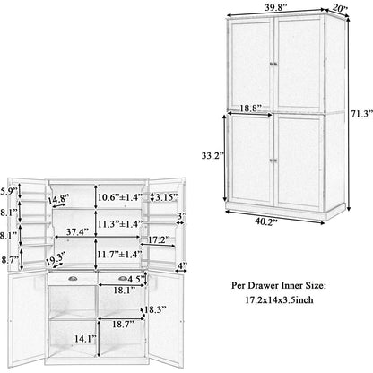 [Assembly Video Provided]40.2x20x71.3inch High Freestanding Kitchen Pantry Large Cupboard Storage Cabinet with 2 Drawers, 2 Adjustable Shelves, 8 Door Shelves for Kitchen, Dining Room,Gray