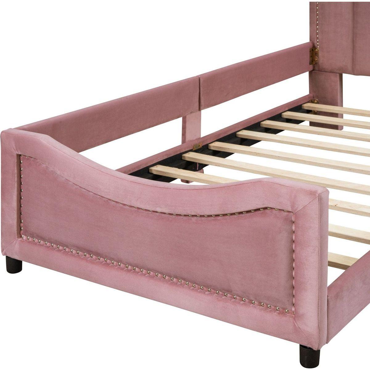 Twin Size Upholstered Daybed with Classic Stripe Shaped Headboard, Pink