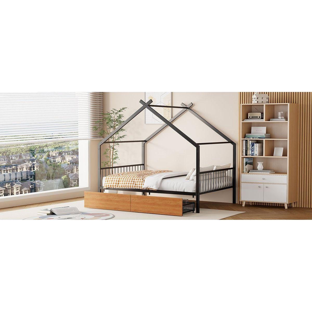 Full Size Metal House Bed with Two Drawers, Black