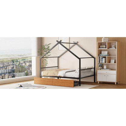 Full Size Metal House Bed with Two Drawers, Black