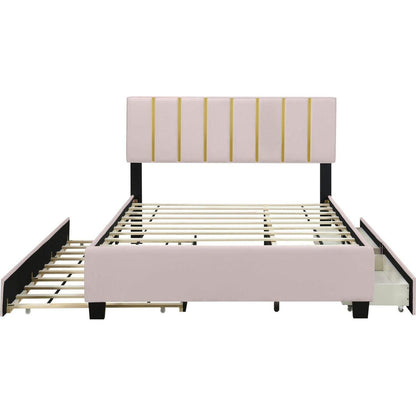 Queen Size Upholstered Platform Bed with 2 Drawers and 1 Trundle, Classic Metal Strip Headboard Design, Pink