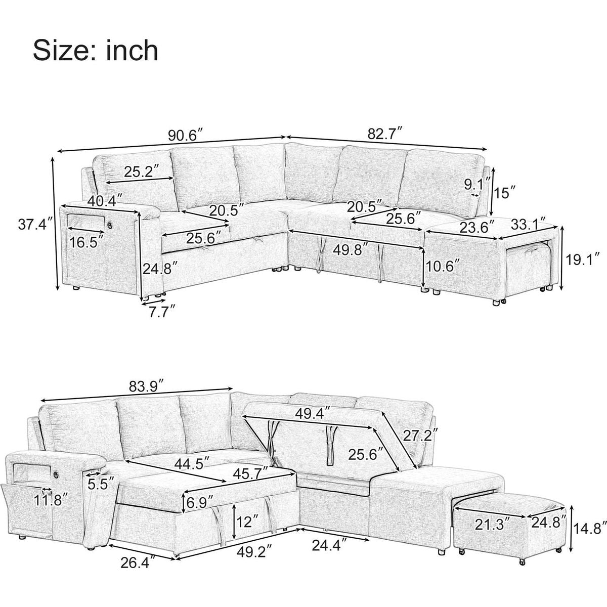 L-shaped Padded Modular Sofa with Storage Space, USB Ports, and Cup Holders on the Armrests, Suitable for Living Rooms, Offices, and Apartments.