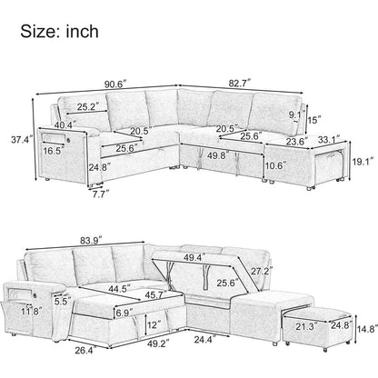 L-shaped Padded Modular Sofa with Storage Space, USB Ports, and Cup Holders on the Armrests, Suitable for Living Rooms, Offices, and Apartments.
