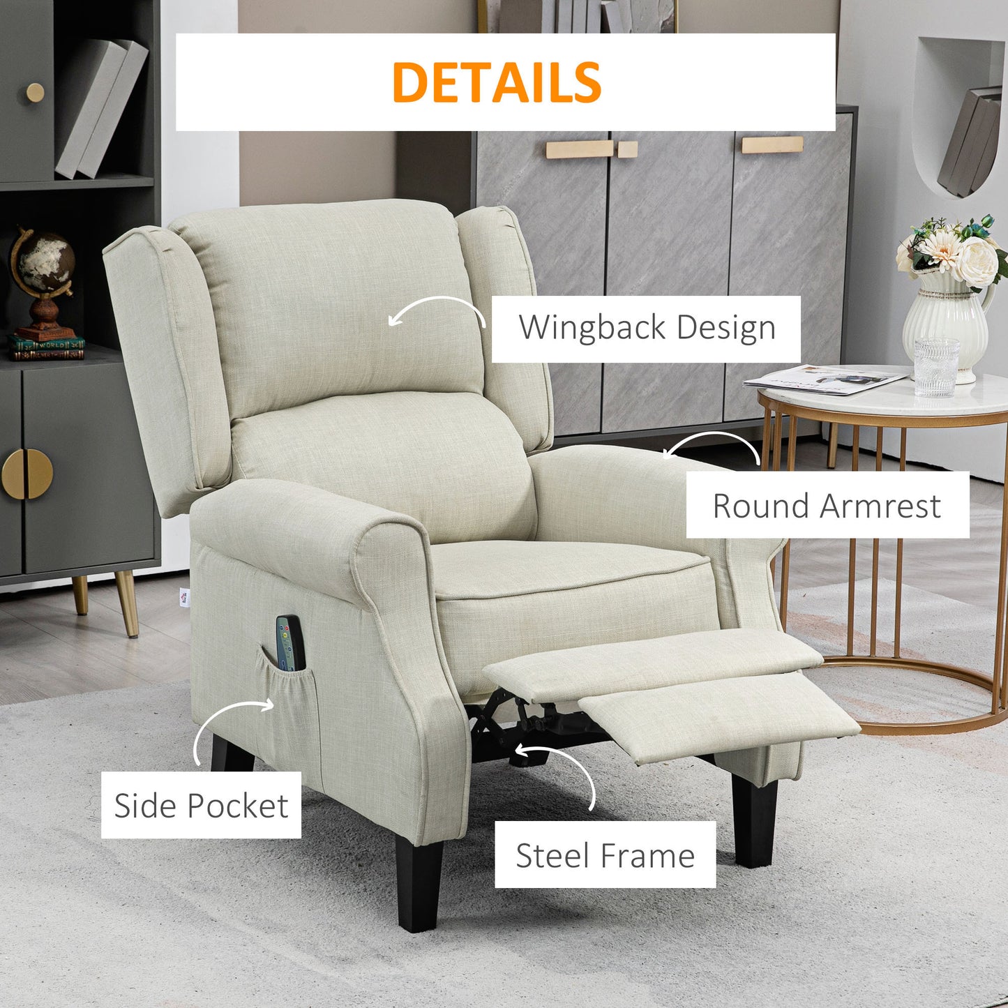 Vibration Massage Recliner Chair for Living Room with Heat, Wingback Single Sofa, Modern Linen Fabric Push Back Reclining Chair with Footrest, Side Pocket, White