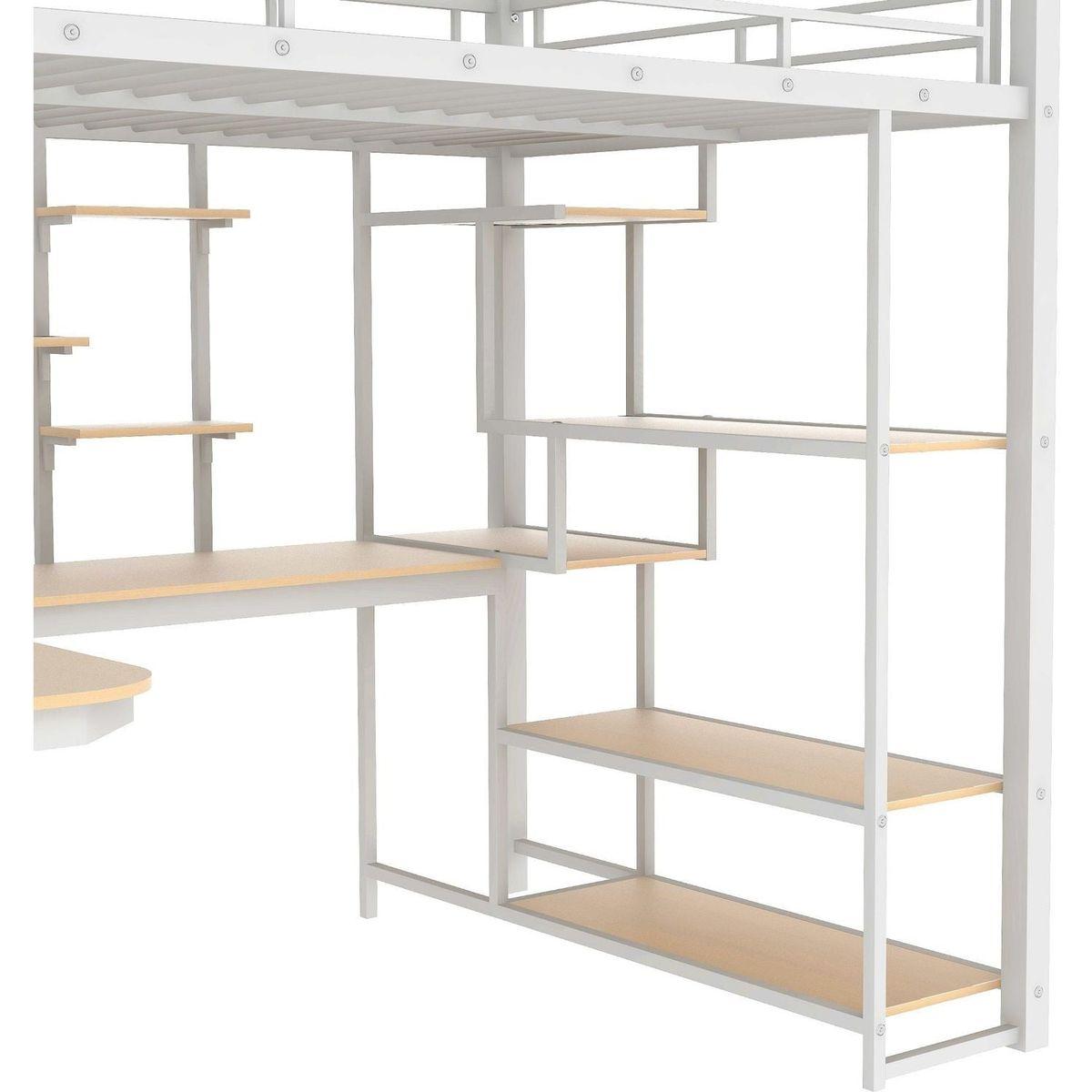 Full Size Metal Loft Bed with Storage Staircase and Small Wardrobe, Built-in Desk and Storage Shelves, White