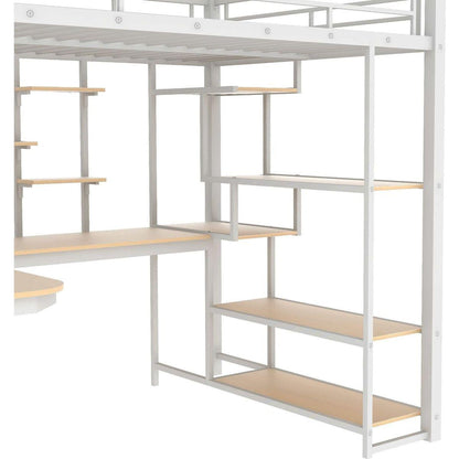 Full Size Metal Loft Bed with Storage Staircase and Small Wardrobe, Built-in Desk and Storage Shelves, White