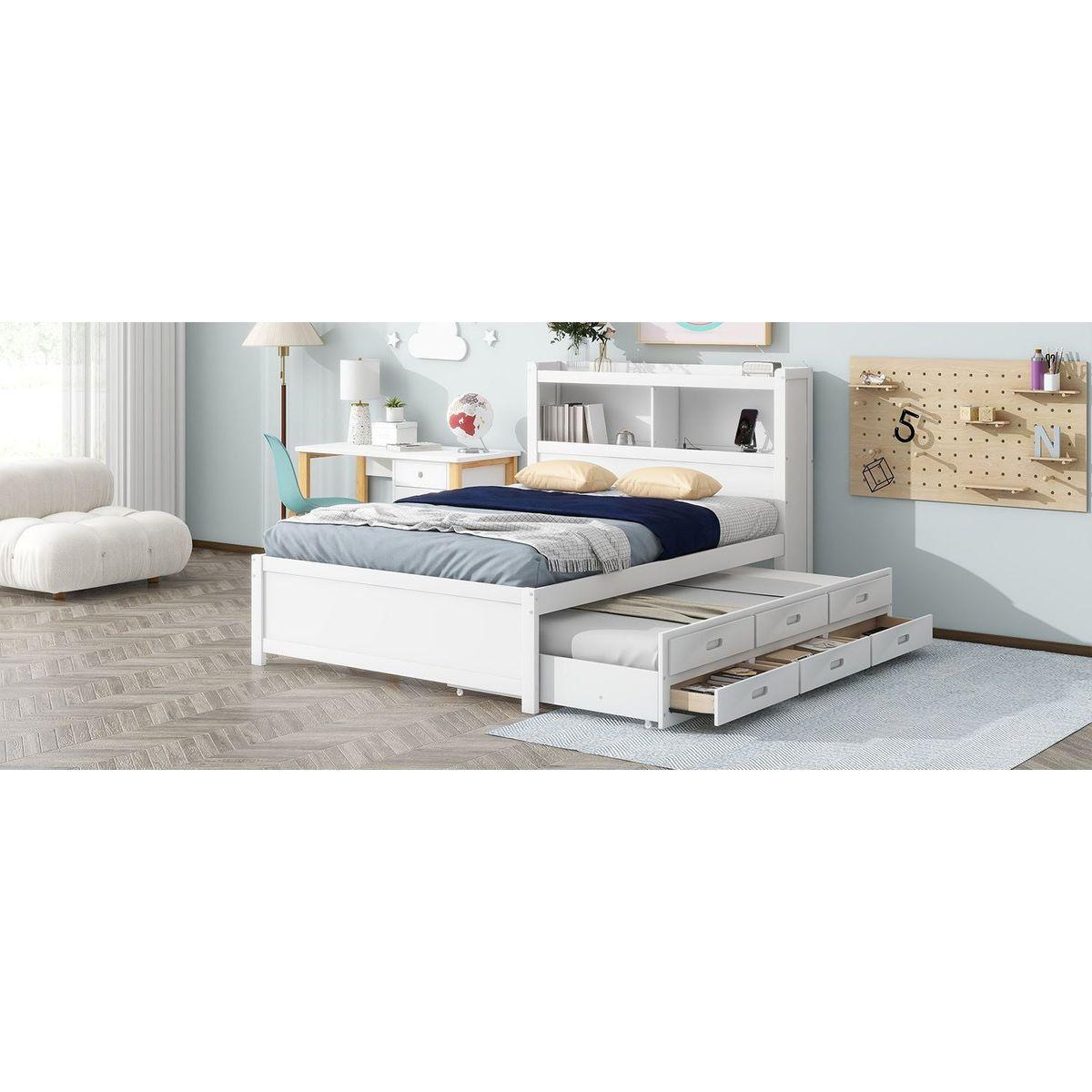 Full Size platform bed with trundle, drawers and USB plugs, White
