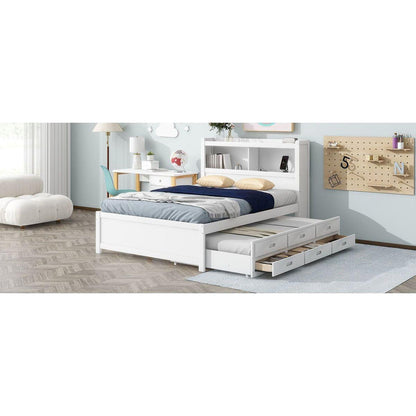 Full Size platform bed with trundle, drawers and USB plugs, White
