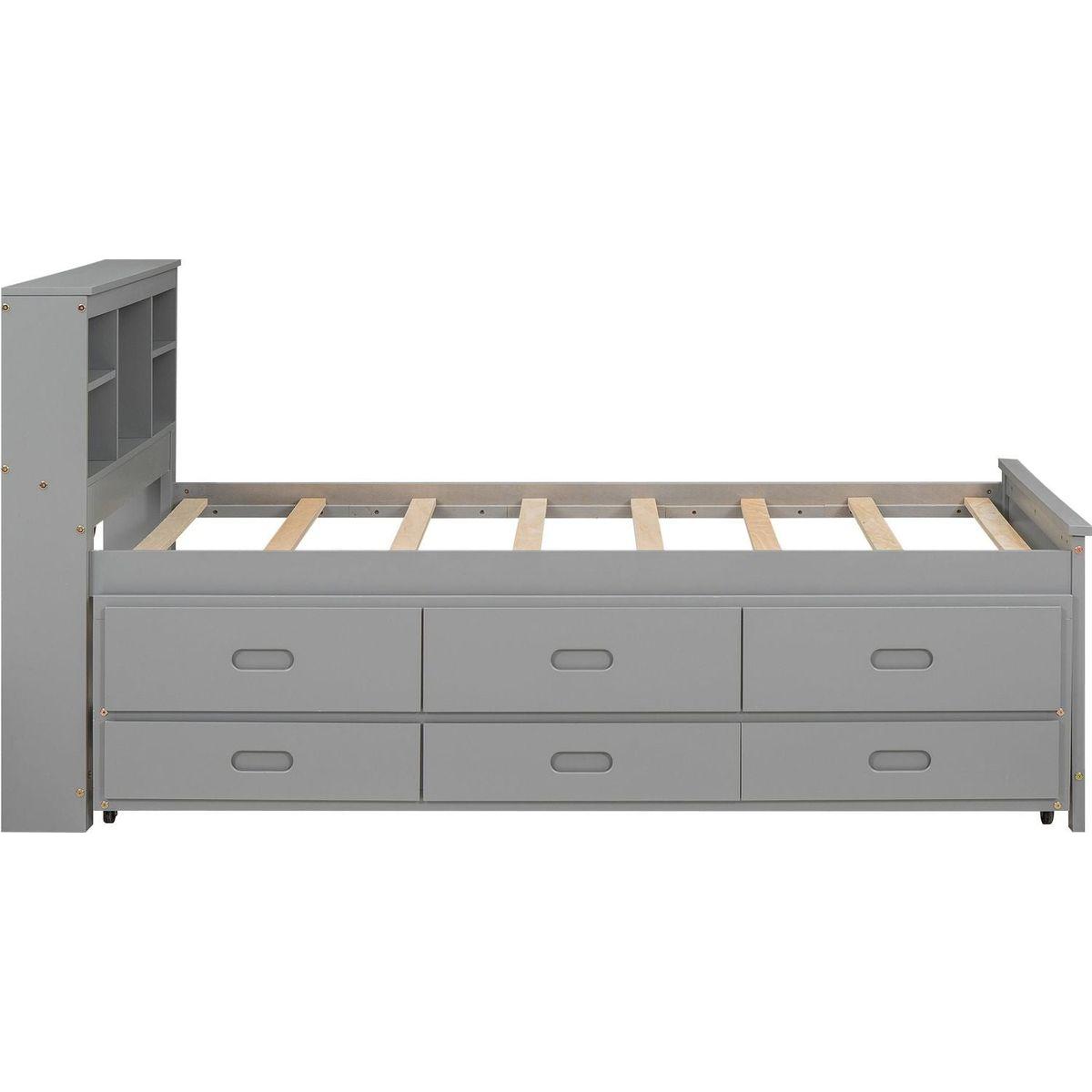 Twin Size Platform Bed with Storage Headboard, USB, Twin Size Trundle and 3 Drawers, Gray