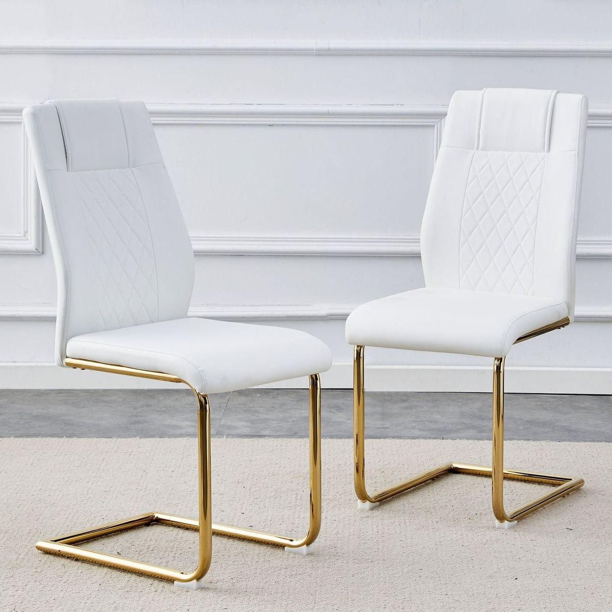 Modern dining chairs, dining room chairs, and golden leg cushioned chairs made of artificial leather, suitable for kitchens, living rooms, bedrooms, and offices. Set of 6 pieces (white+PU)