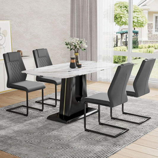 Table and chair set, modern and minimalist dining table, imitation marble patterned tabletop, MDF legs with U-shaped brackets. Paired with comfortable chairs, suitable for dining and living rooms.