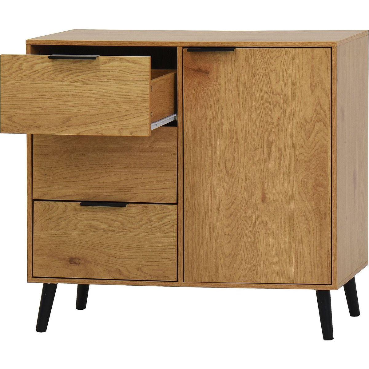 Storage Cabinet with 3 Drawers & Adjustable Shelf, Mid Century Cabinet with Door, Accent Cabinet for Living Room, Home Office, Entryway, Natural Wood Color