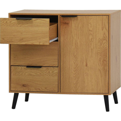 Storage Cabinet with 3 Drawers & Adjustable Shelf, Mid Century Cabinet with Door, Accent Cabinet for Living Room, Home Office, Entryway, Natural Wood Color