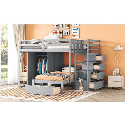 Full Over Twin Bunk Bed with Wardrobe, Drawers, Gray
