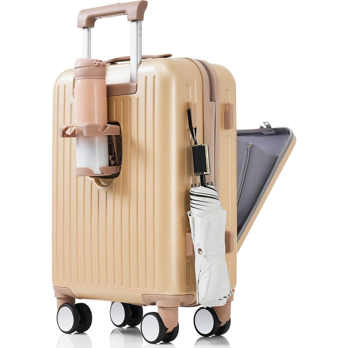 Luggage Set of 3, 20, 24, 28inch with USB Port, 20, 24inch with front opening design Airline Certified Carry on Luggage with Cup Holder, ABS Hard Shell Luggage with Spinner Wheels, Champagne