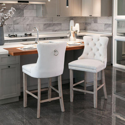 Contemporary Velvet Upholstered Barstools with Button Tufted Decoration and Wooden Legs, and Chrome Nailhead Trim, Leisure Style Bar Chairs,Bar stools, Set of 2 (Beige)