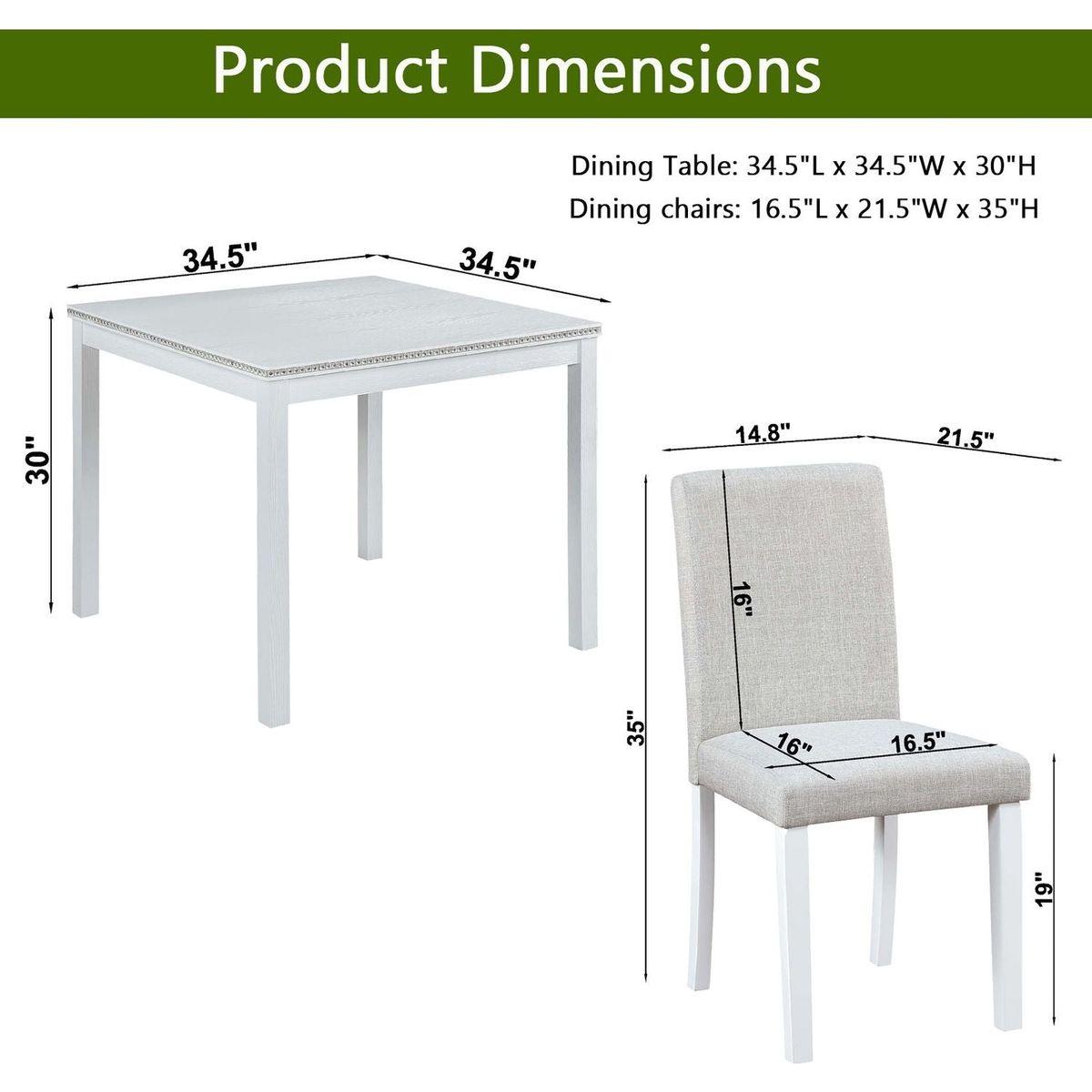 5 Piece Wooden Dining Table Set, Kitchen Table Set with a Square Table and 4 Upholstered Chairs, Wooden Dining Room Table with Crystal Decoration and Chairs Set for Kitchen, Dining Room, White