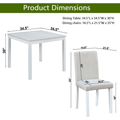 5 Piece Wooden Dining Table Set, Kitchen Table Set with a Square Table and 4 Upholstered Chairs, Wooden Dining Room Table with Crystal Decoration and Chairs Set for Kitchen, Dining Room, White