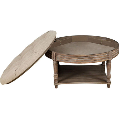 Large Round Ottoman Coffee Table 2 Tier Oversized Button Tufted Ottoman with Wooden Shelf Storage Farmhouse Upholstered Coffee Table Living Room Footstool Ottoman Linen