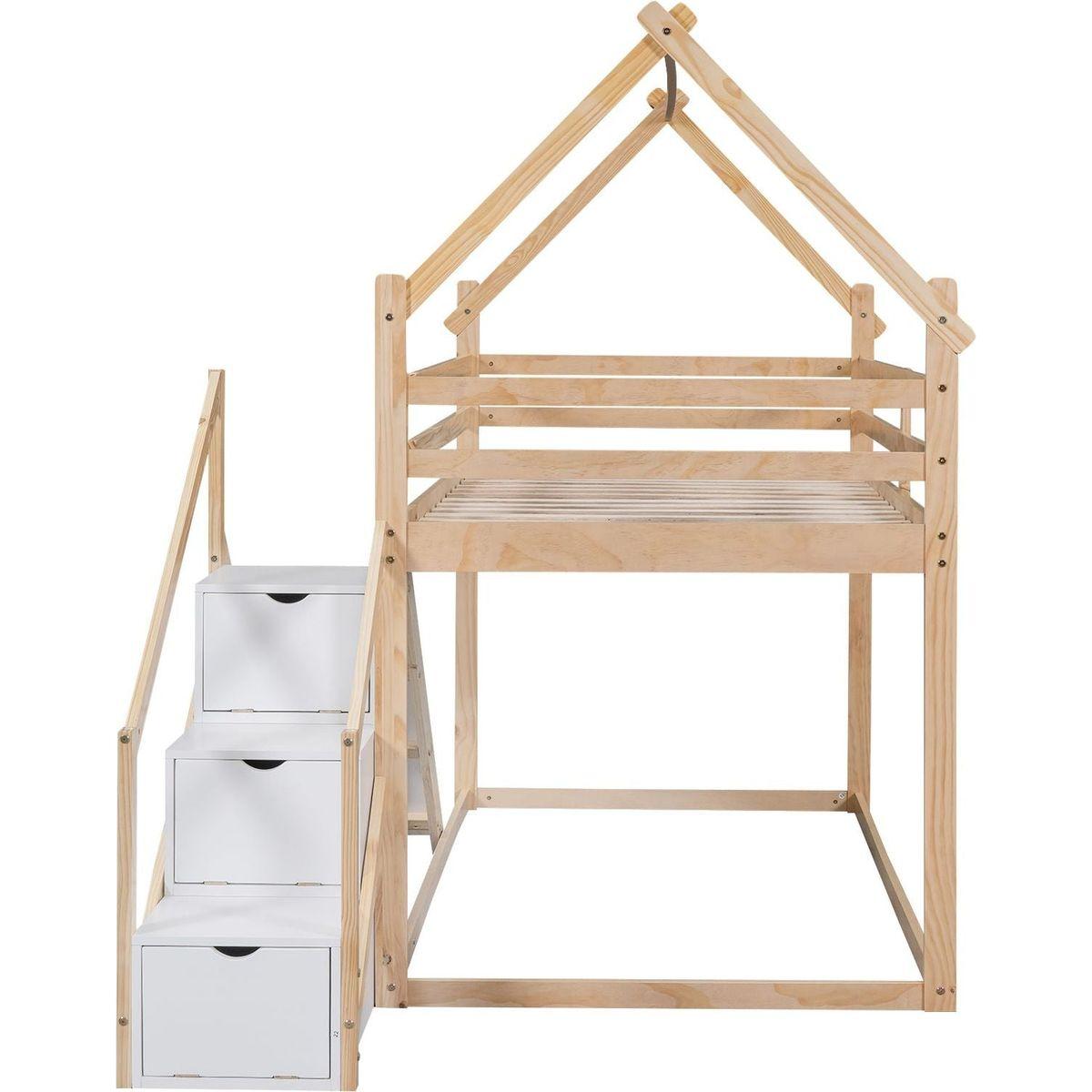 Twin over Twin House Loft or Bunk Bed with Slide and Staircase, Natural