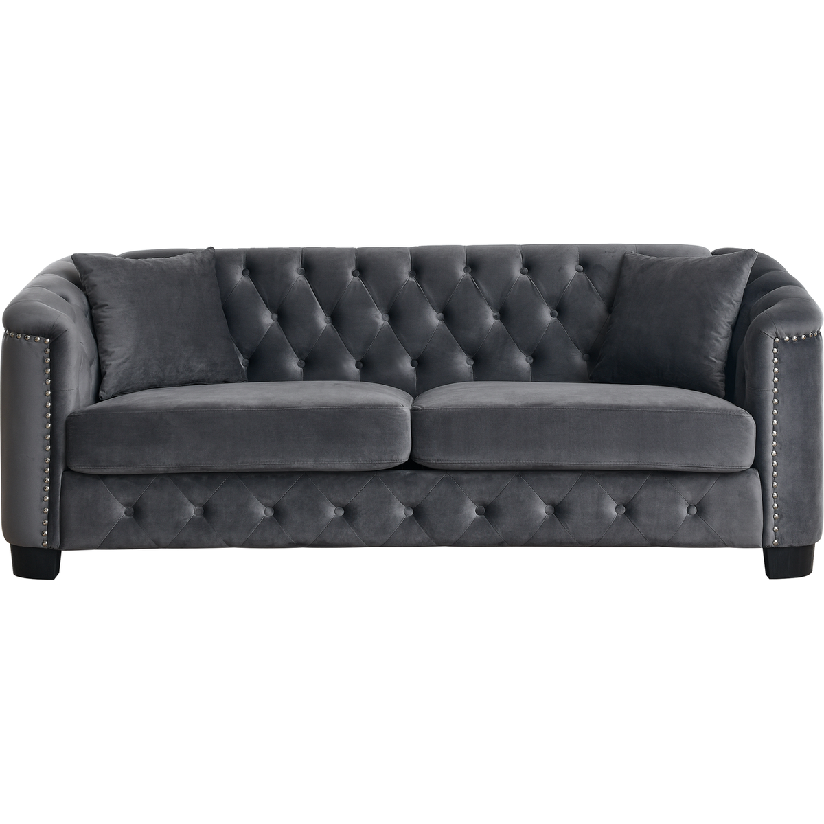 77-Inch Modern Chesterfield Velvet Sofa, 3-Seater Sofa, Upholstered Tufted Backrests with Nailhead Arms and 2 Cushions for Living Room, Bedroom, Apartment, Office (Grey)