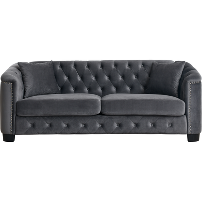 77-Inch Modern Chesterfield Velvet Sofa, 3-Seater Sofa, Upholstered Tufted Backrests with Nailhead Arms and 2 Cushions for Living Room, Bedroom, Apartment, Office (Grey)