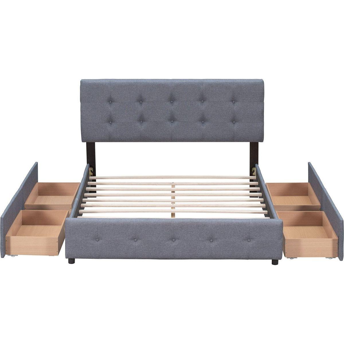 Upholstered Platform Bed with Classic Headboard and 4 Drawers, No Box Spring Needed, Linen Fabric, Queen Size Dark gray