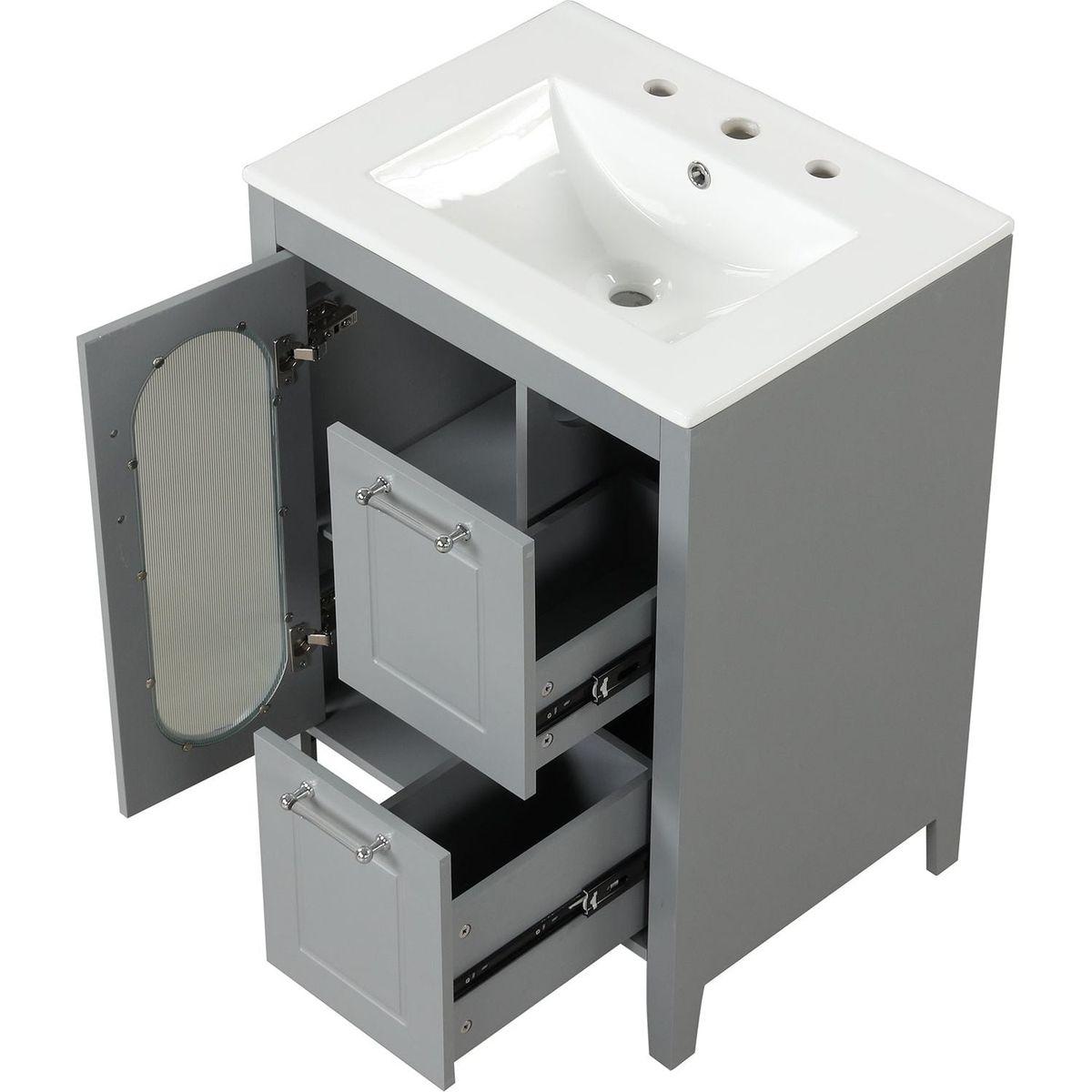 24" Bathroom Vanity with Sink, Bathroom Vanity Cabinet with Two Drawers and Door, Adjustable Shelf, Solid Wood and MDF, Grey